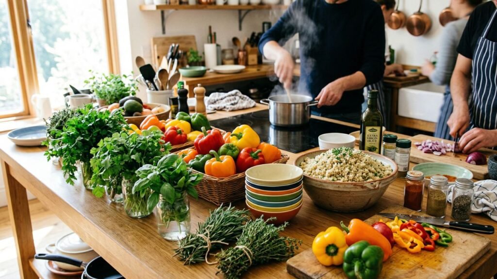 A bustling kitchen counter lined with fresh herbs, colorful bell peppers, and a bowl of quinoa