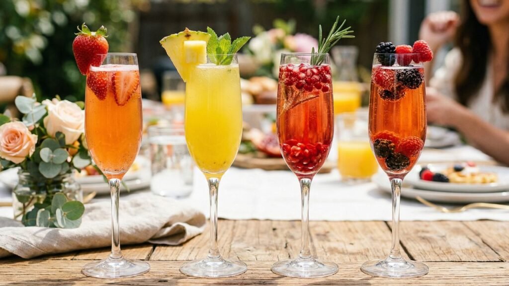 A colorful lineup of four champagne flutes, each filled with different mimosa variations