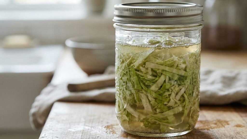 A glass mason jar filled with shredded cabbage and salt