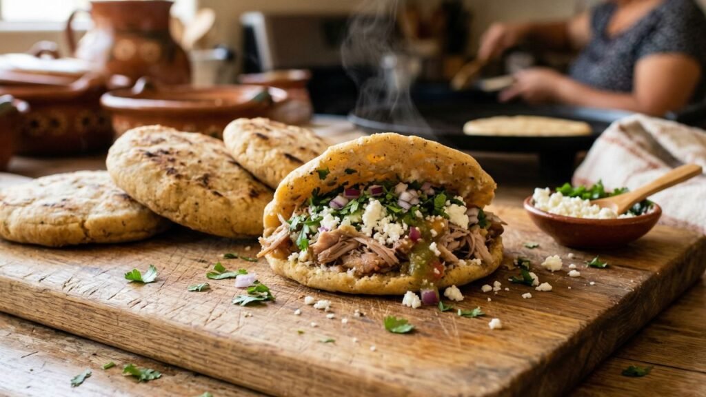 A photo of freshly made gorditas on a wooden board