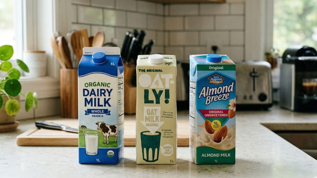 A side-by-side photo of regular milk next to oat milk and almond milk cartons lined up on a kitchen counter