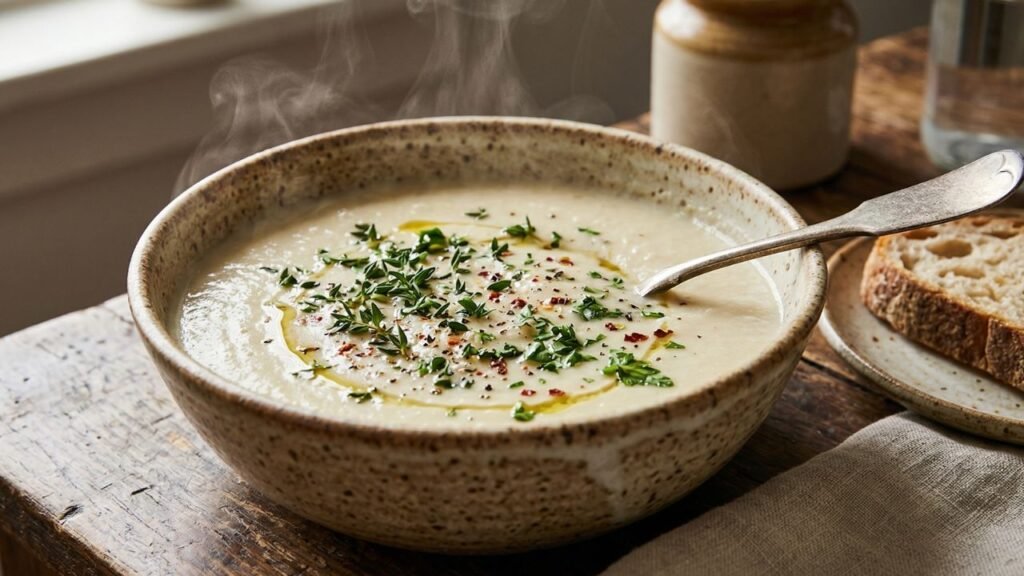 A steaming bowl of creamy soup made with oat milk substitute