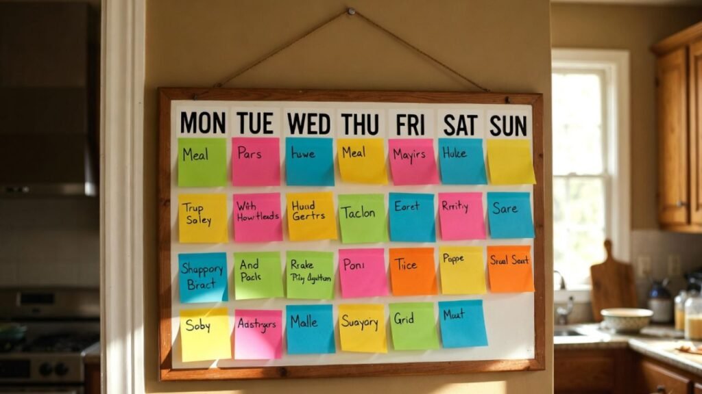 What Is a Cyclical Menu? Easy Restaurant Menu Ideas 2 A vibrant weekly menu planner board hanging in a sunny home kitchen with colorful sticky notes for each day