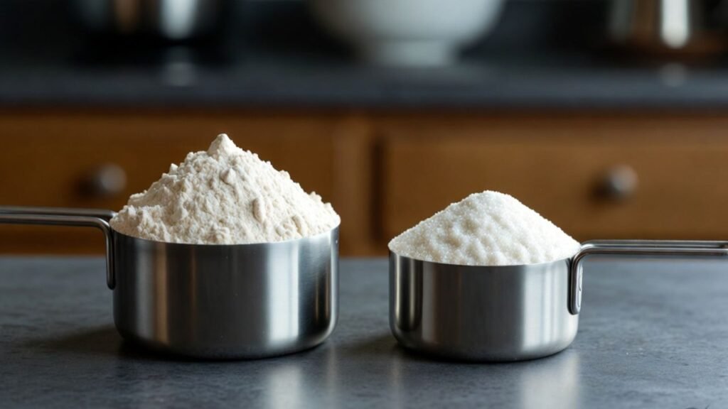 Close-up of measuring cups filled with doubled flour and sugar for a cake recipe