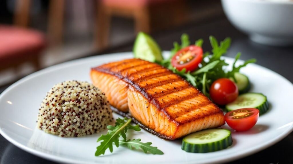 Colorful plate of grilled salmon, quinoa, and fresh vegetables arranged beautifully