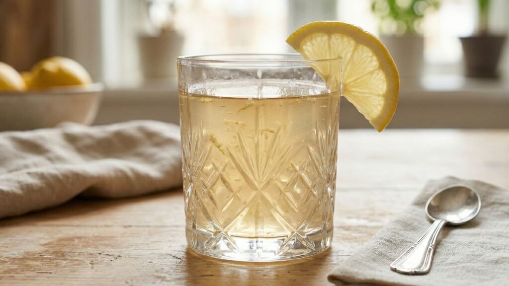 Finished lemon ginger gelatin drink in a pretty glass garnished with a lemon wedge