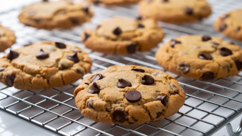 What Is the Yield of a Recipe? 2 Golden brown chocolate chip cookies cooling on a wire rack