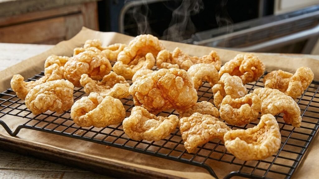 Golden, puffed pork rinds fresh from the oven on a wire rack