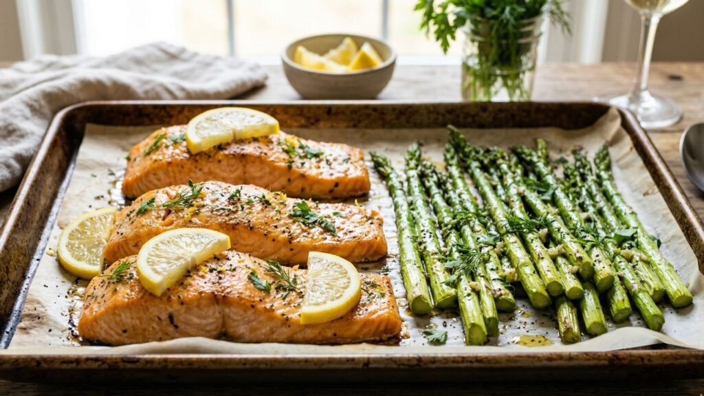 Golden salmon fillets nestled beside bright green asparagus on a sheet pan, garnished with lemon slices