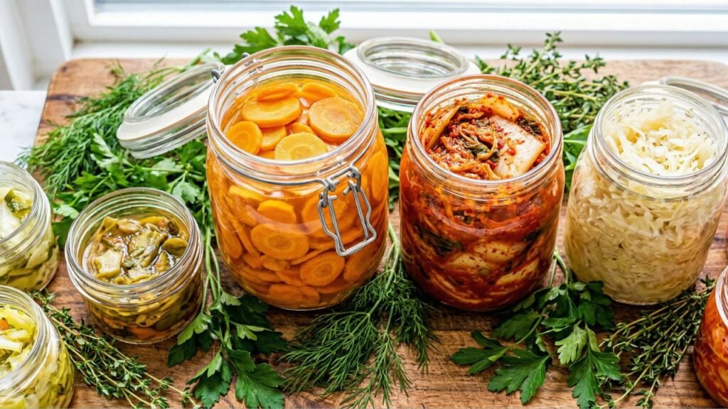 Open jars showing golden fermented carrots, red kimchi, and pale sauerkraut