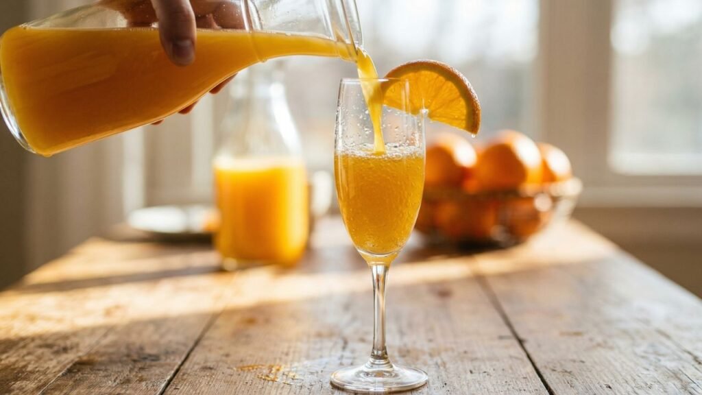 Orange juice being poured into a tall champagne flute