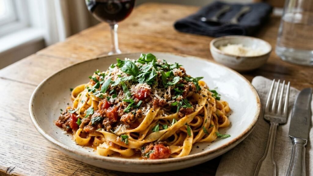 Plated doubled pasta dish ready to serve with fresh herbs on top