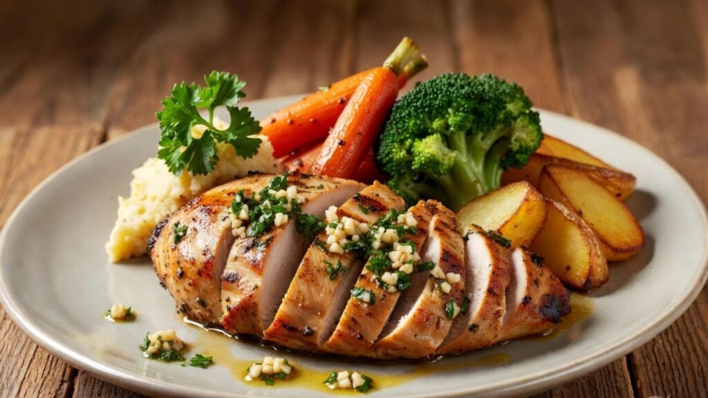 What Is a Cyclical Menu? Easy Restaurant Menu Ideas 3 Plated garlic herb chicken with colorful sides on a wooden table, restaurant-style presentation