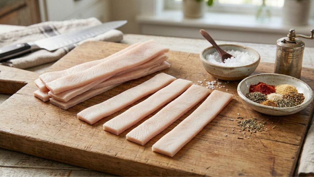 Raw pork skin strips laid out on a cutting board