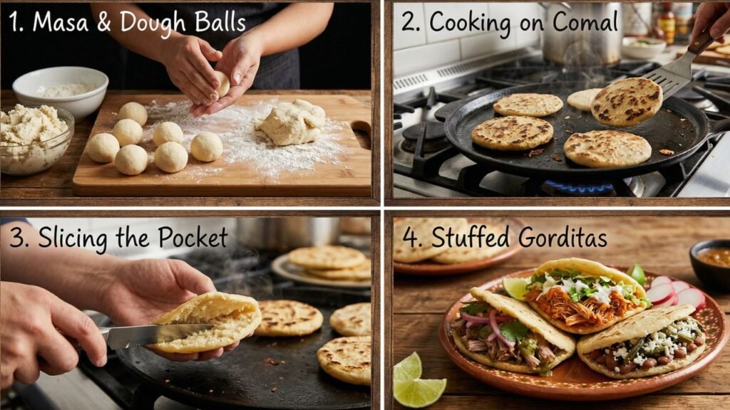 Step-by-step collage showing dough balls, flattened gorditas on a hot skillet, sliced open pockets, and final stuffed versions