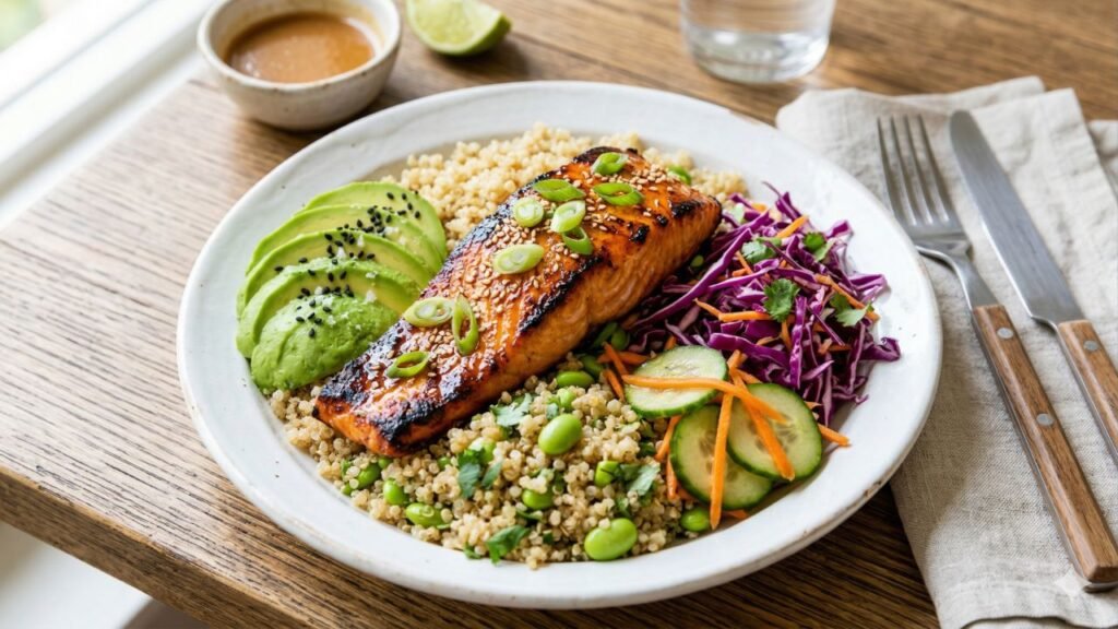 Vibrant miso salmon bowl with quinoa, avocado slices, and purple cabbage on a white plate