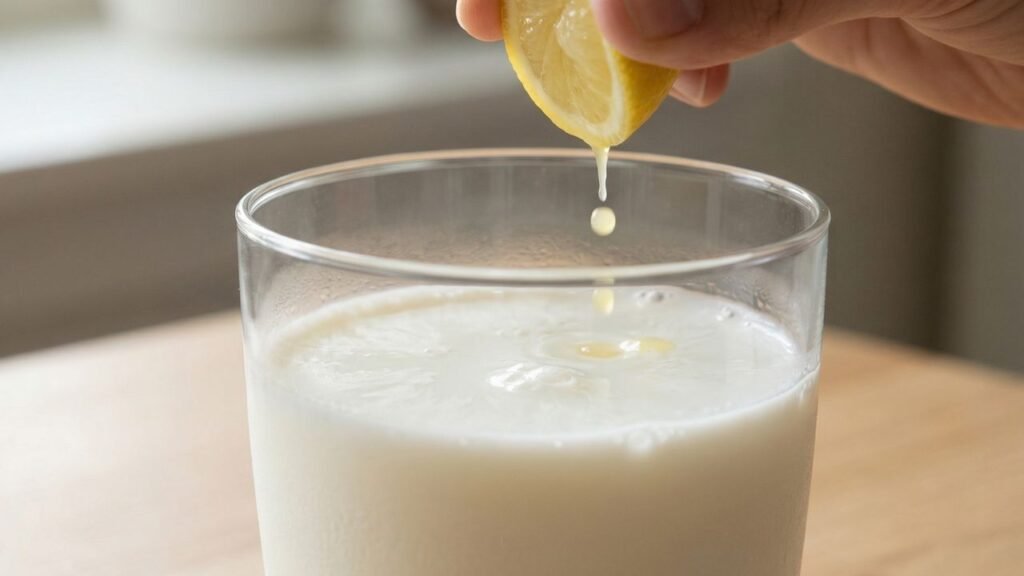 A clear glass of white milk with drops of lemon juice being added