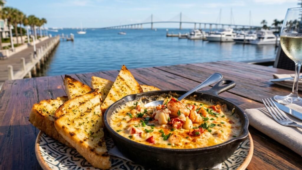 A close-up of Warm Maine Lobster Dip served in a skillet with buttery ciabatta toast points, fresh herbs, and a side view of Tampa Bay