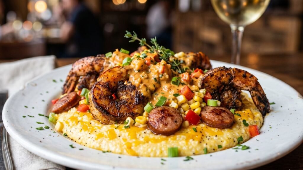 A close-up of blackened colossal shrimp and grits topped with lobster cream sauce, andouille sausage, and fresh veggies on a white plate