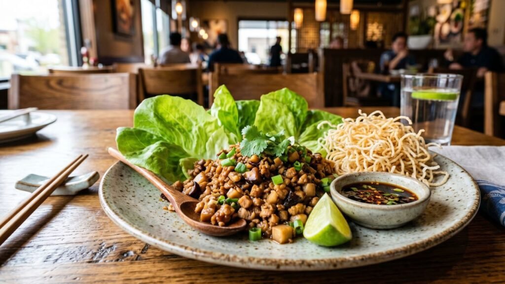 A plate of Chang’s Chicken Lettuce Wraps with fresh butter lettuce cups, minced chicken filling, and a side of crispy rice noodles