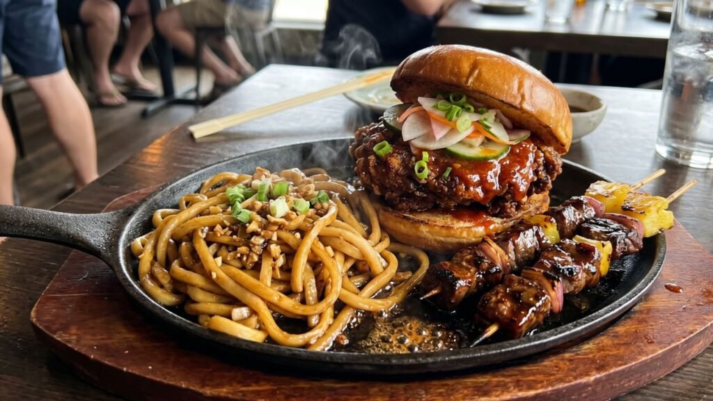 A sizzling plate of Korean fried chicken sandwich with garlic noodles and a side of island beef skewers