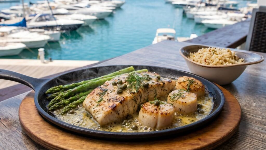 A sizzling plate of Signature Grouper & Scallops with lemon butter sauce, seared scallops, fresh asparagus