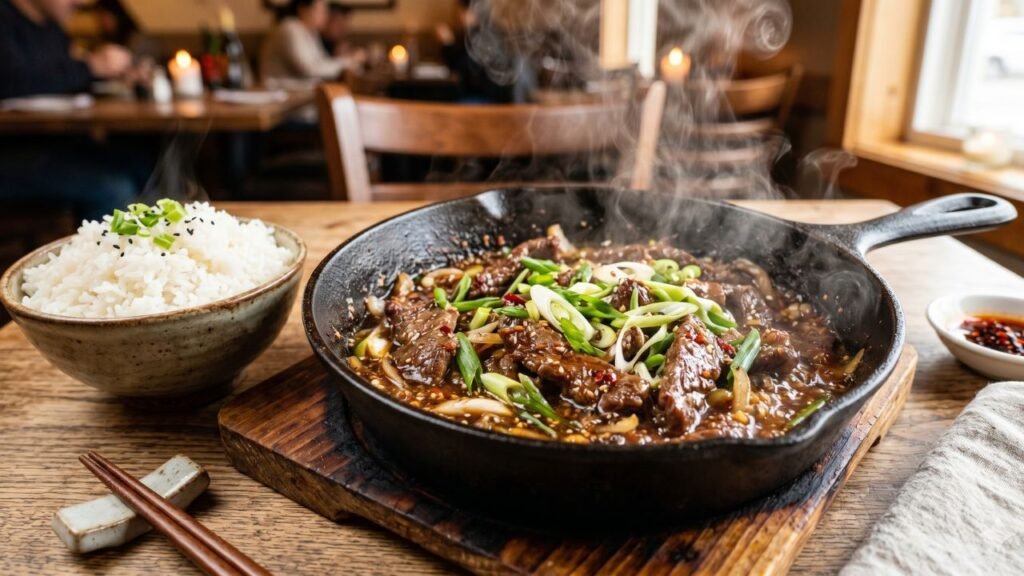 A sizzling skillet of Mongolian Beef with tender steak strips, scallions, and steamed white rice on the side