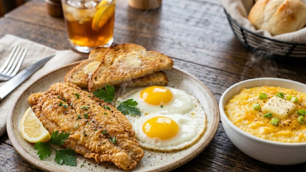 A steaming plate of fried flounder fillet alongside creamy cheese grits, two sunny-side-up eggs, and a side of toast