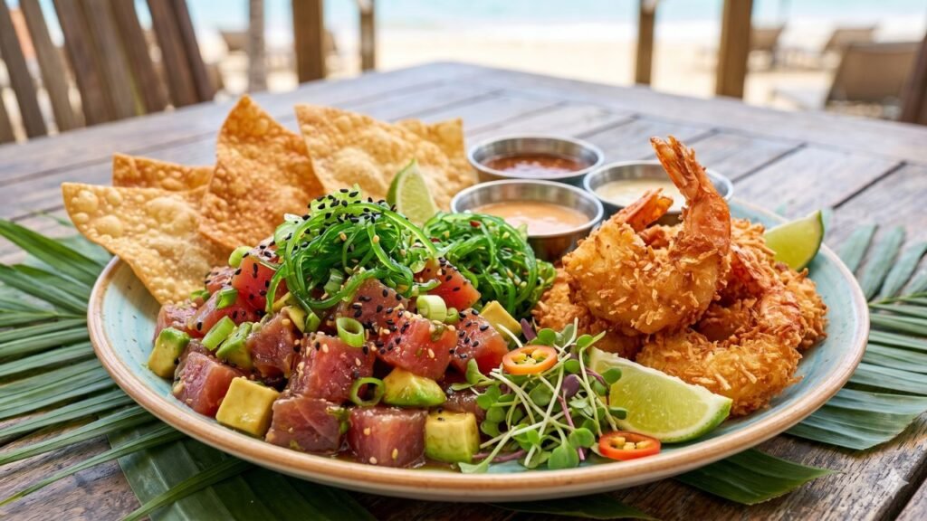 A vibrant platter of Bali Hai Tuna Poke with avocado, seaweed salad, and crispy wontons alongside fresh coconut shrimp