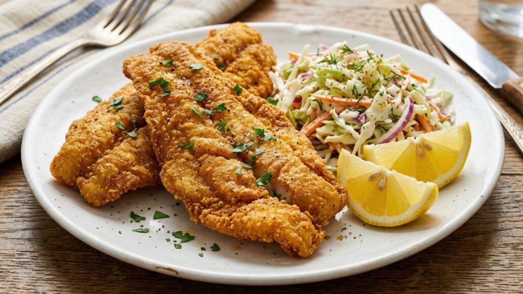 Close-up of homemade golden fried catfish fillets on a white plate with lemon wedges and coleslaw