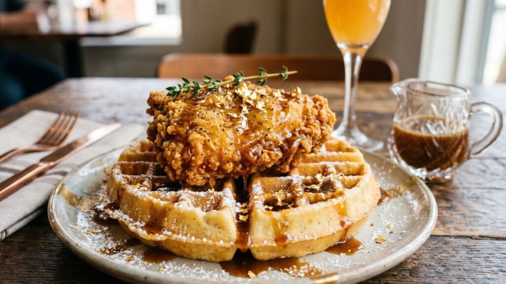 Golden fried chicken atop a vanilla bean waffle dusted with powdered sugar and 24K gold flakes, drizzled with brown sugar butter