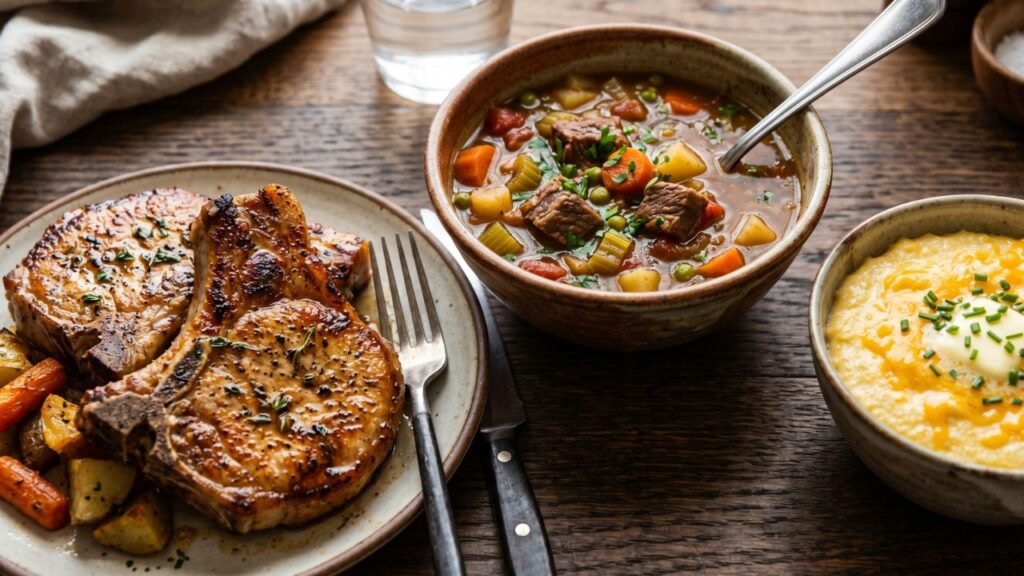 golden-brown bone-in pork chops next to a bowl of vegetable beef soup and cheesy grits