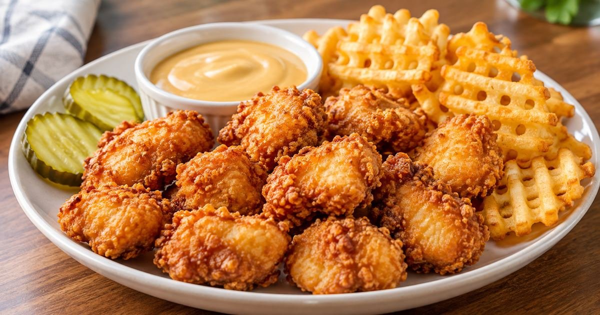 Chick-fil-A nuggets copycat with crispy chicken nuggets, fries, pickles, and dipping sauce