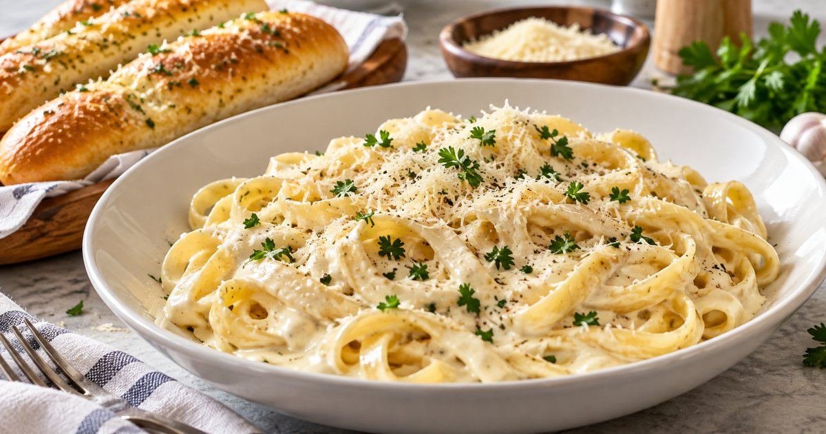 Olive Garden Alfredo sauce copycat served over fettuccine with Parmesan and parsley