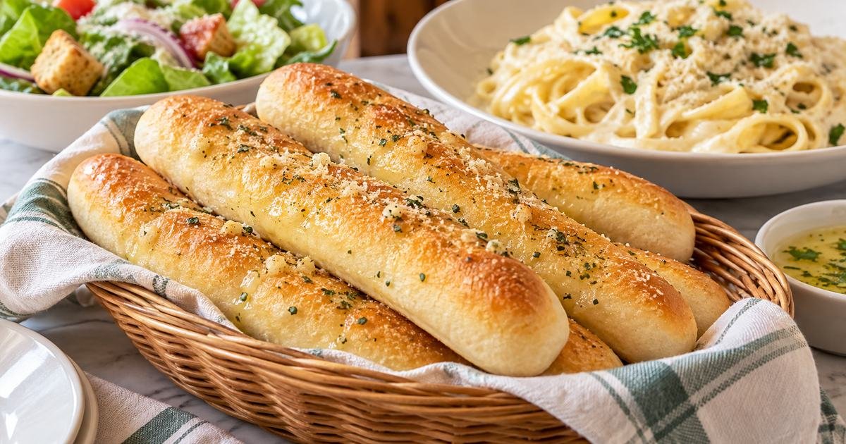 Olive Garden breadsticks copycat with soft golden breadsticks brushed with garlic butter