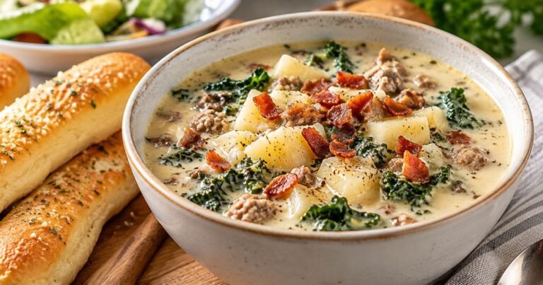 Olive Garden Zuppa Toscana copycat soup with sausage, potatoes, kale, and bacon