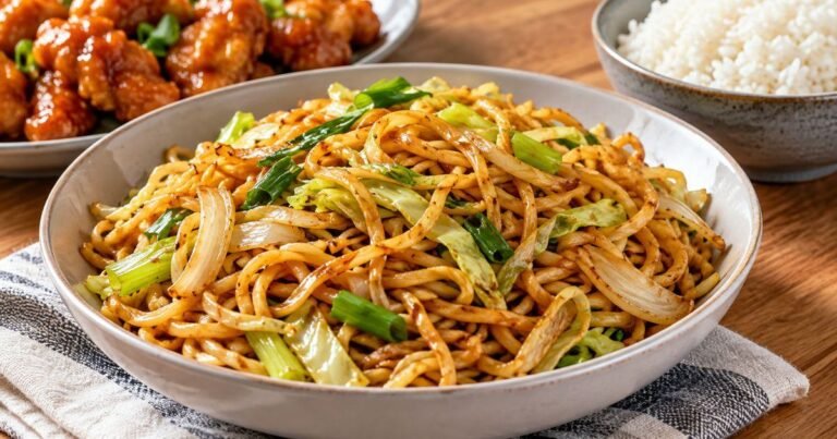Panda Express chow mein copycat with noodles, cabbage, celery, and onion