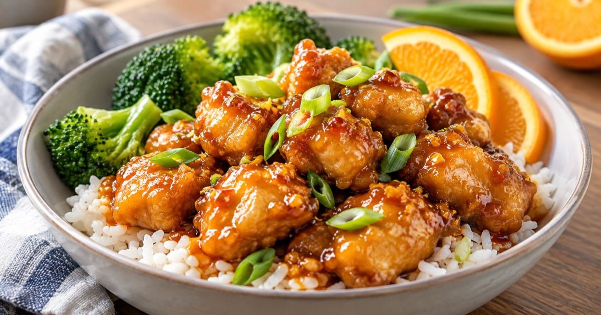 Panda Express orange chicken copycat with crispy chicken, orange sauce, rice, and broccoli