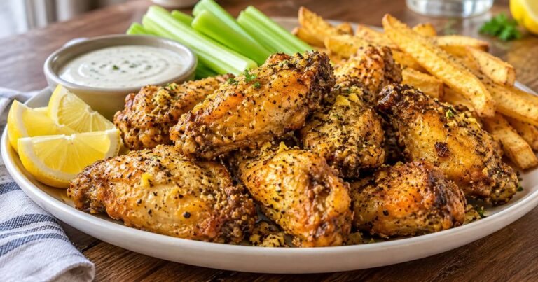 Wingstop lemon pepper wings copycat with crispy chicken wings, lemon zest, and black pepper
