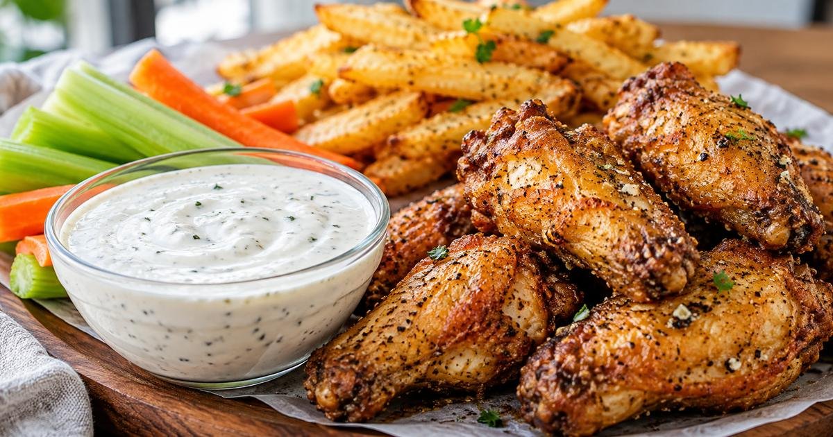 Wingstop ranch copycat in a small bowl with chicken wings, fries, celery, and carrots