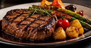 Illustrative grilled steak and vegetables for Della Steakhouse Shiraz menu guide