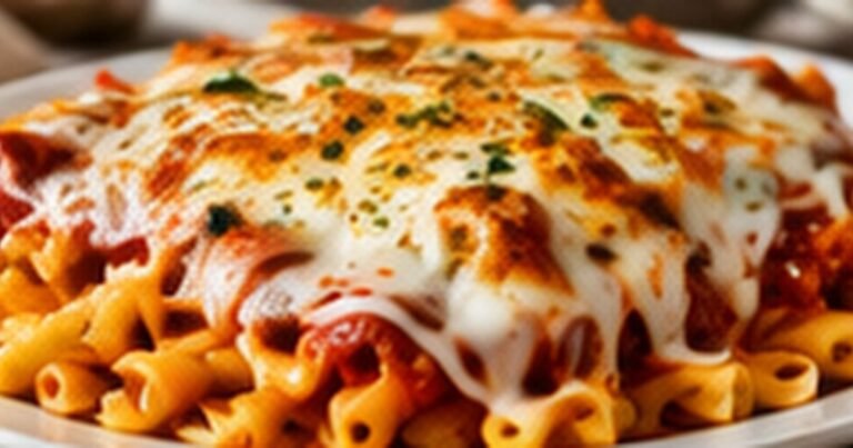 Olive Garden five cheese ziti copycat with baked pasta and melted cheese